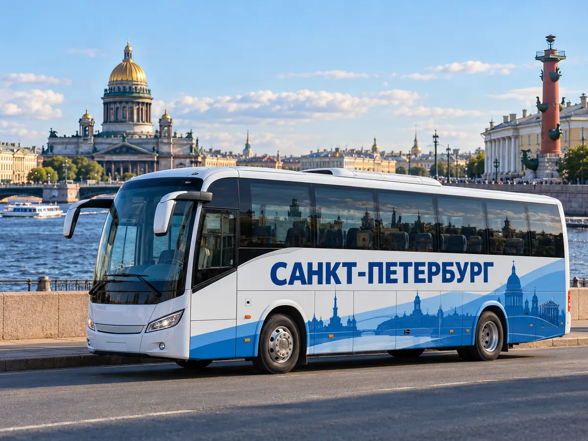 Брендированный пассажирский автобус Санкт-Петербург на фоне набережной Невы